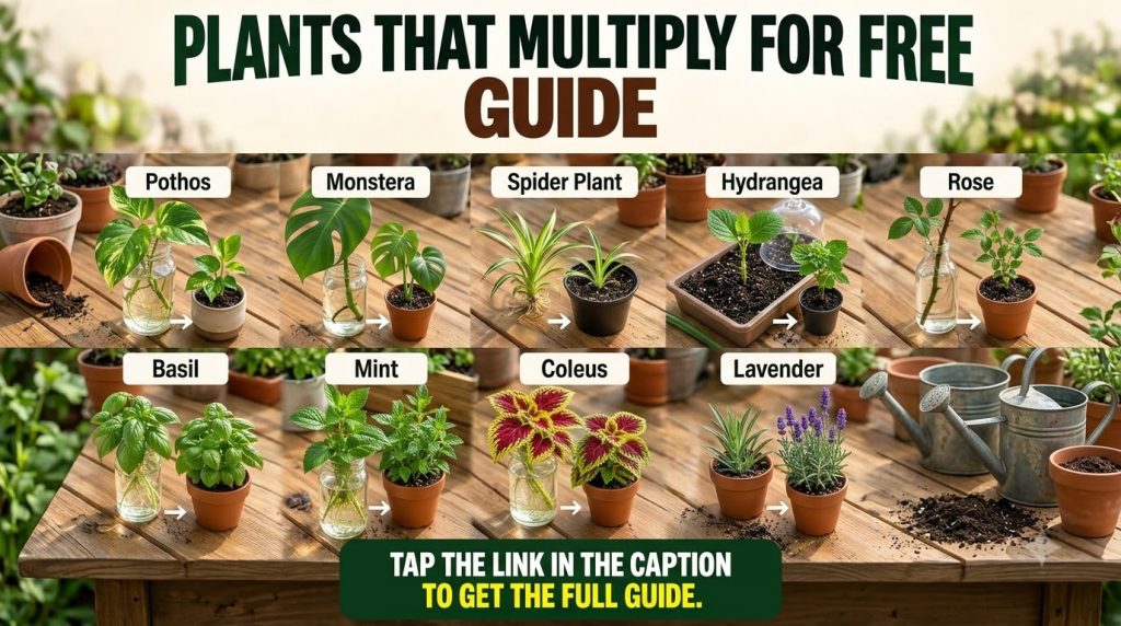 A 3x3 grid showing nine different plant types Each square features a plant cutting rooting in water or with bare roots a