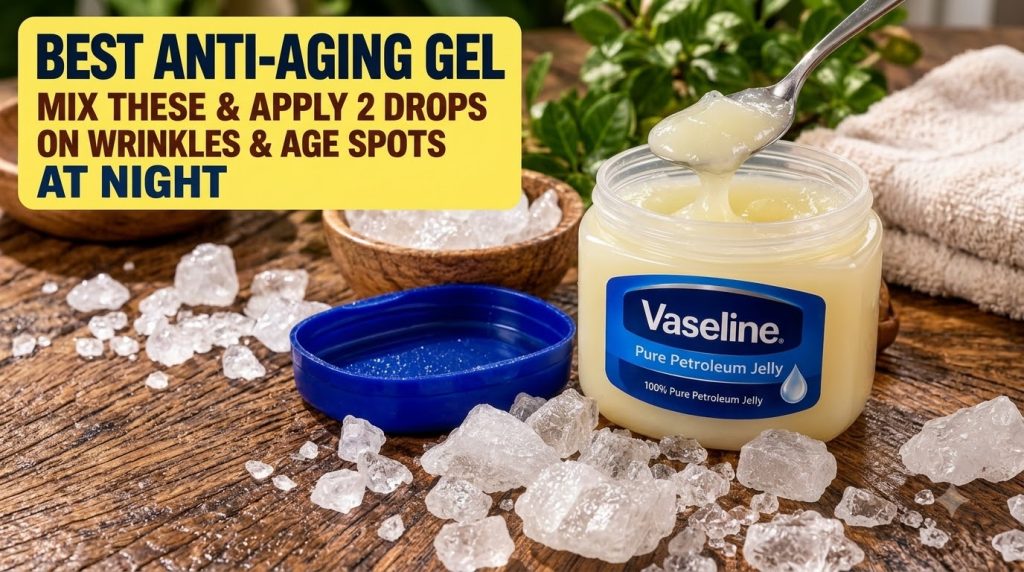 A jar of Vaseline Pure Petroleum Jelly with a spoon scooping out some product surrounded by clear jagged crystalline chu