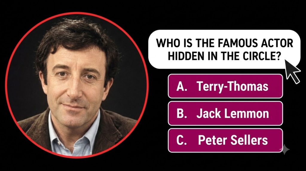 A quiz graphic asking WHO IS THE FAMOUS ACTOR HIDDEN IN THE CIRCLE with a headshot of Kurt Russell inside a red circle a