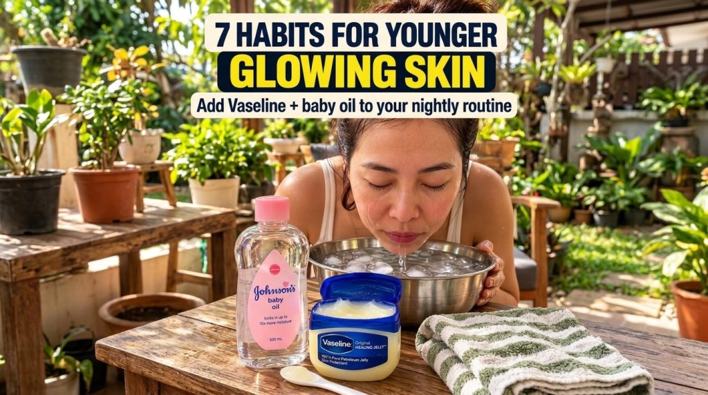 A woman washing her face with water and ice from a metal bowl with a bottle of Johnson s baby oil and an open jar of Vas