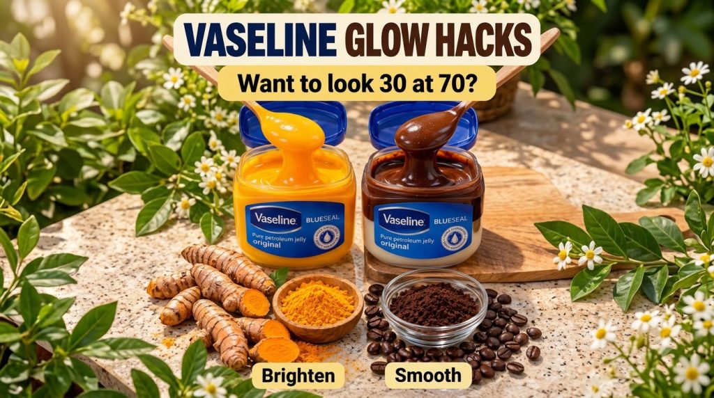 Two jars of Vaseline BlueSeal one mixed with turmeric and another with coffee alongside raw turmeric roots and coffee be