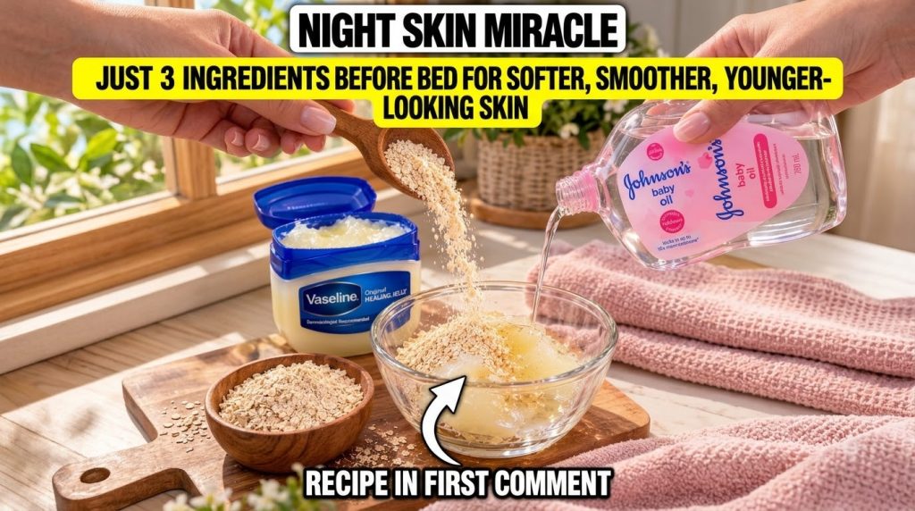 A close-up overhead view of ingredients being mixed in a glass bowl Hands are pouring oats from a wooden spoon and baby