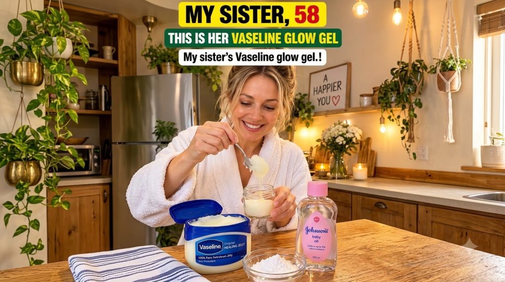 A smiling woman in a bright kitchen in a white robe holding a spoon with a creamy substance over a small glass jar On th