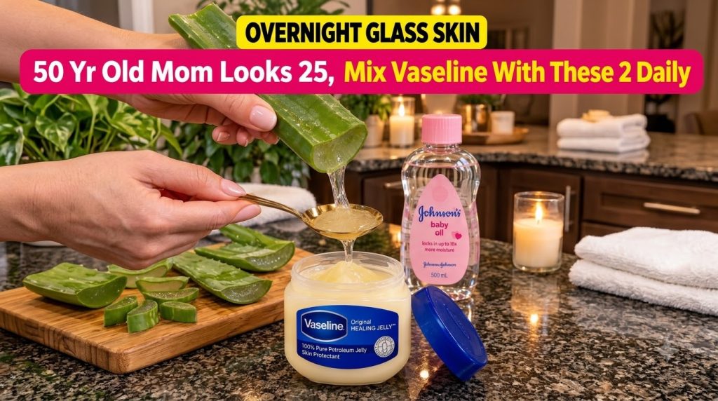 A hand pouring fresh aloe vera gel from a leaf into a golden spoon which then drips into an open jar of Vaseline with a 