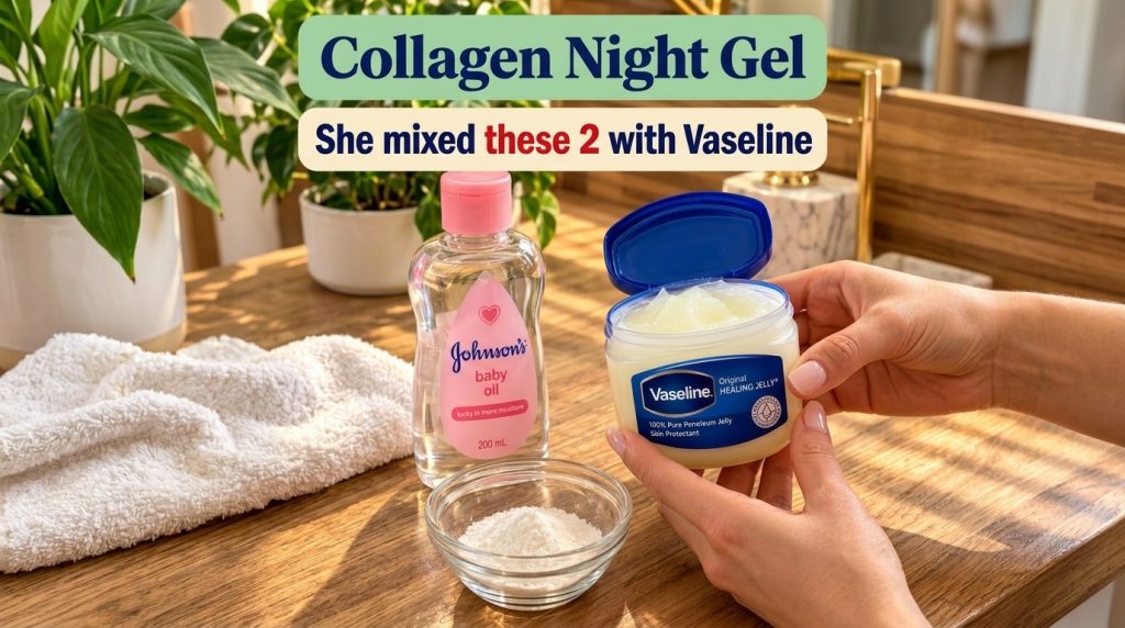 Overhead shot of DIY collagen night gel ingredients Johnson s baby oil a jar of Vaseline held by hands and a small glass