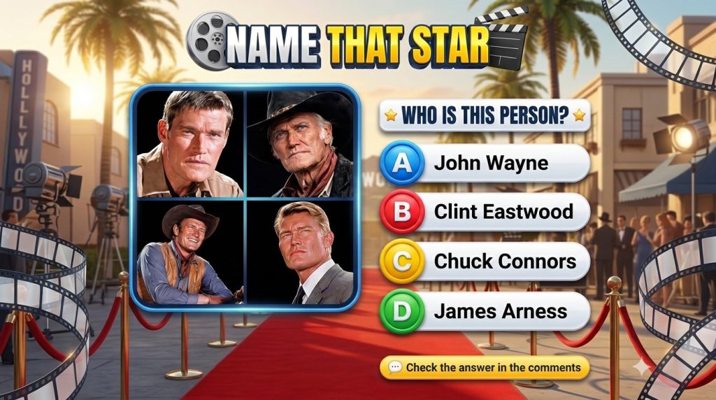 A vertical quiz interface titled NAME THAT STAR featuring a grid of four classic Western movie actors The background dep