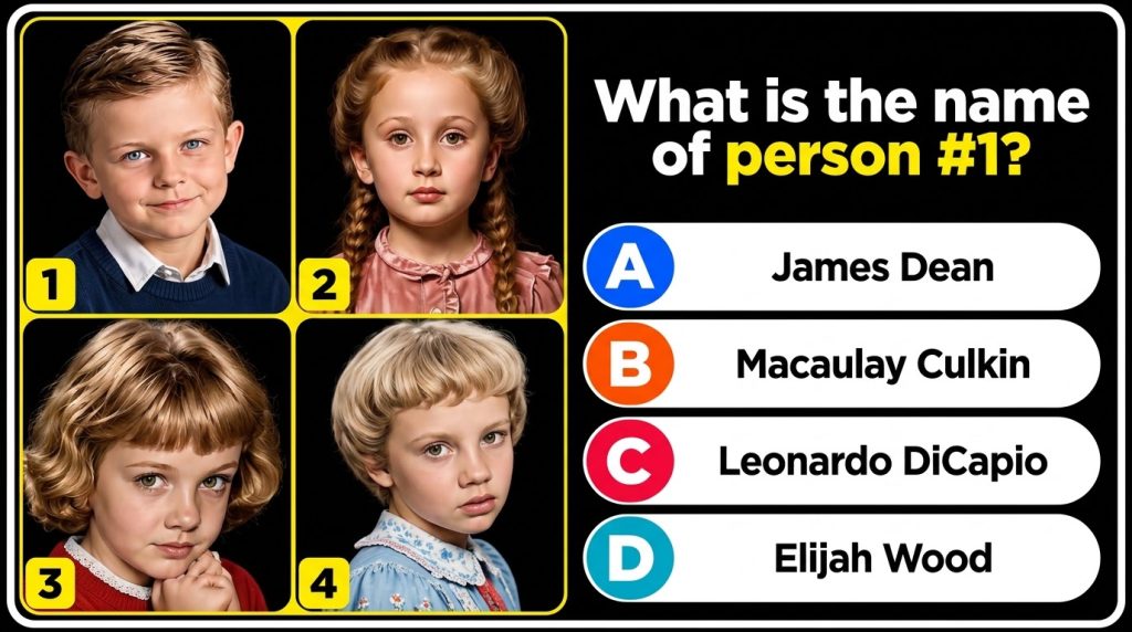 A multiple-choice quiz showing four childhood photos of celebrities with a question asking to identify the first child