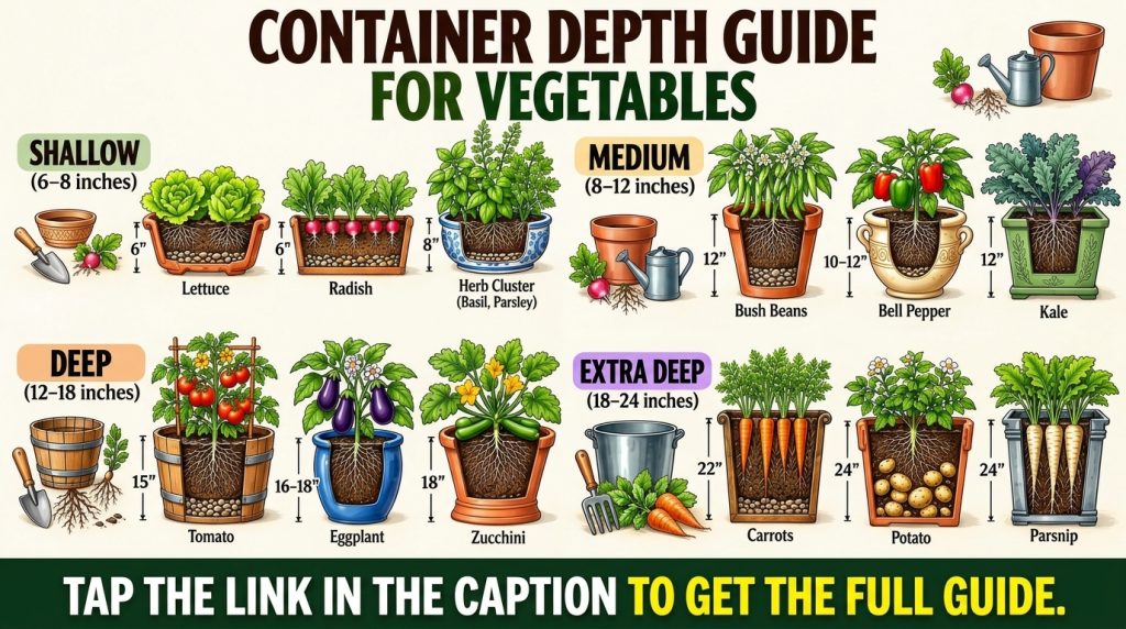 An educational guide illustrating various vegetables with their recommended container depths categorized as shallow medi