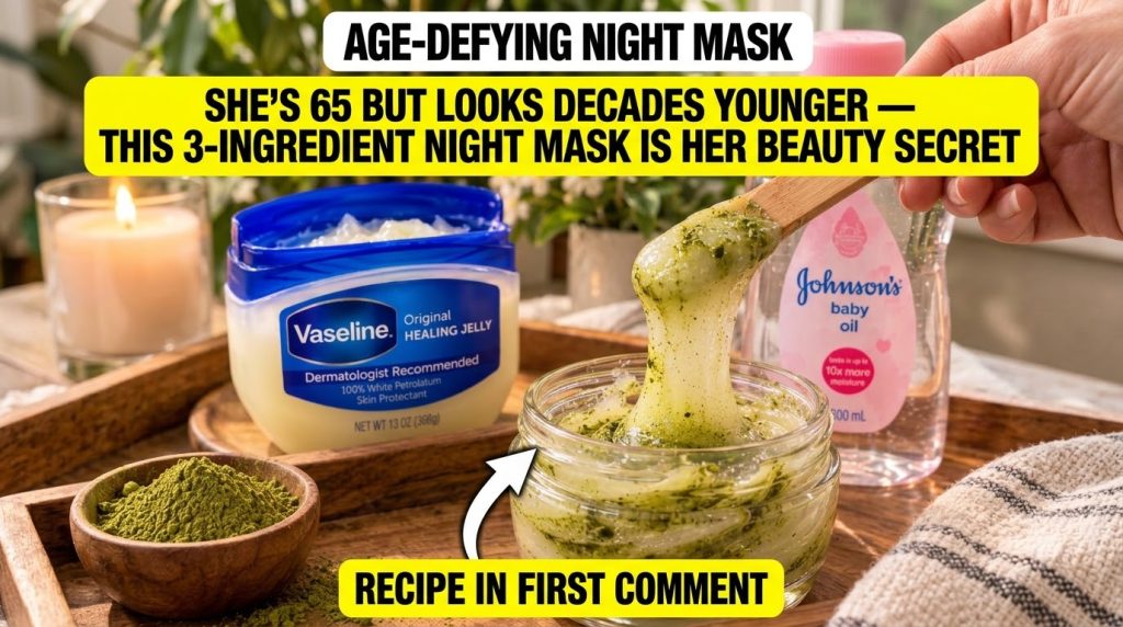 A glass jar containing a green-speckled viscous homemade beauty mask with a wooden spoon lifting some of the mixture Vas