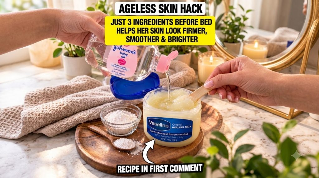 Hands pouring Johnson s baby oil into a jar of Vaseline Original Healing Jelly with a small bowl of niacinamide powder a