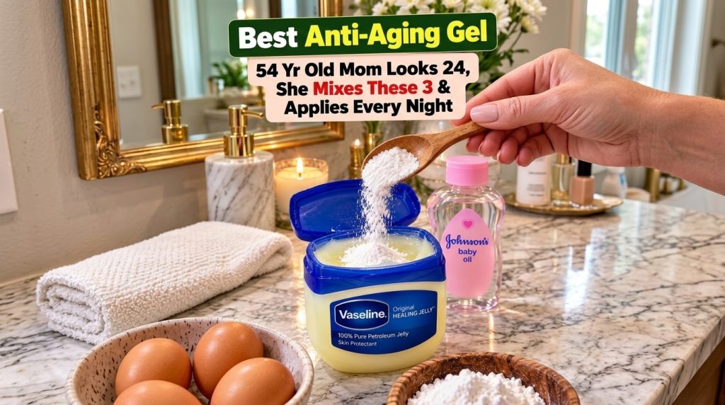 A hand pouring fine white powder from a wooden spoon into an open tub of Vaseline petroleum jelly with a bottle of baby 