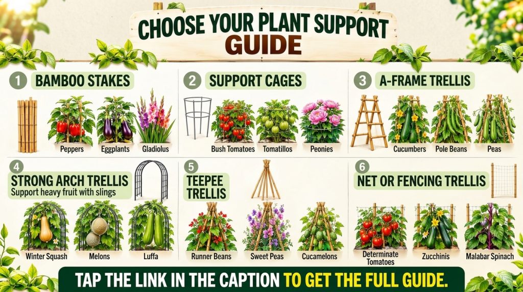 An infographic showing six different types of plant supports with examples of plants that benefit from each such as stak