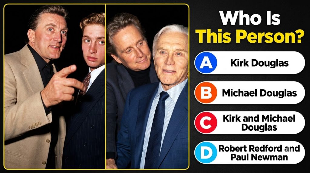 A quiz image featuring two collages of Kirk and Michael Douglas with a question Who Is This Person and four multiple-cho
