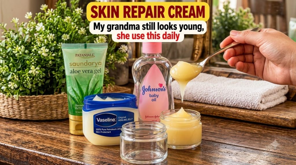 A collection of simple skincare ingredients on a rustic wooden surface a tube of aloe vera gel a tub of petroleum jelly 