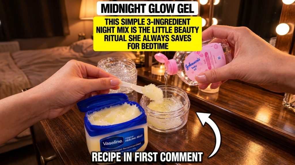A close-up of hands mixing Vaseline Johnson s Baby Oil and Panthenol Gel in a clear jar with a spatula in a cozy warm-li