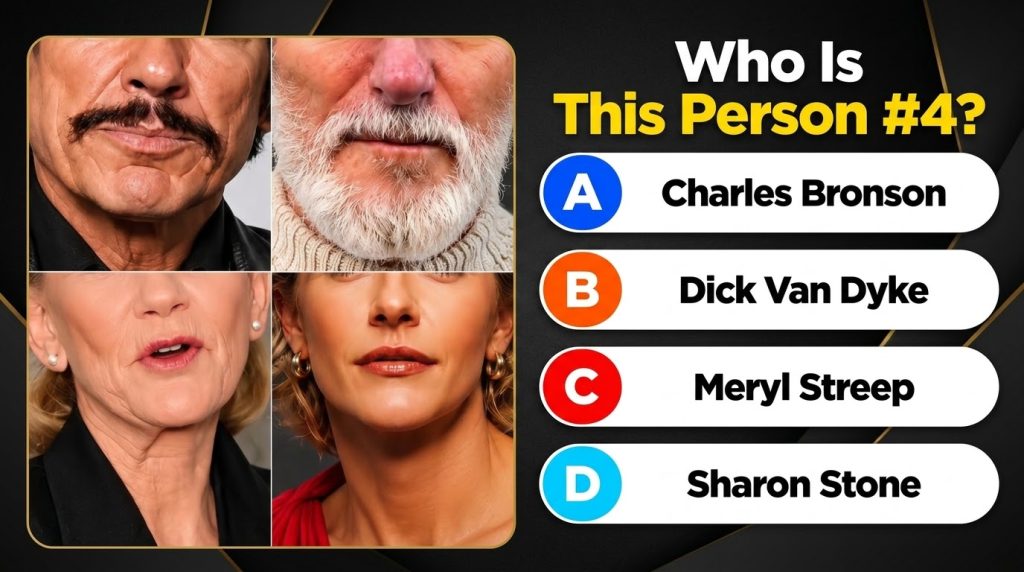 A quiz image with four cropped celebrity faces and the question Who Is This Person 4 with multiple-choice options