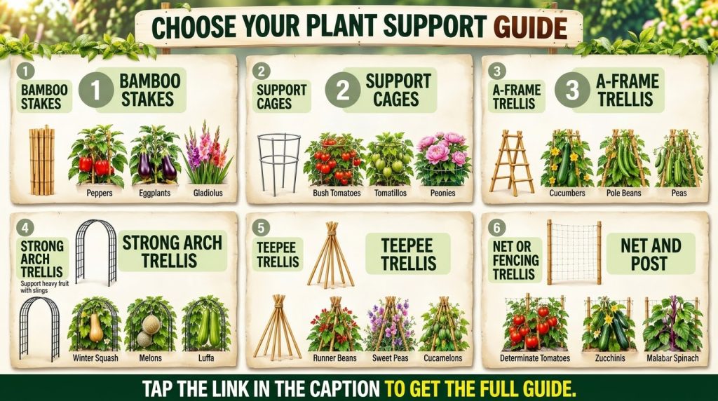 An infographic titled CHOOSE YOUR PLANT SUPPORT GUIDE showing six categories of plant supports like stakes cages and tre