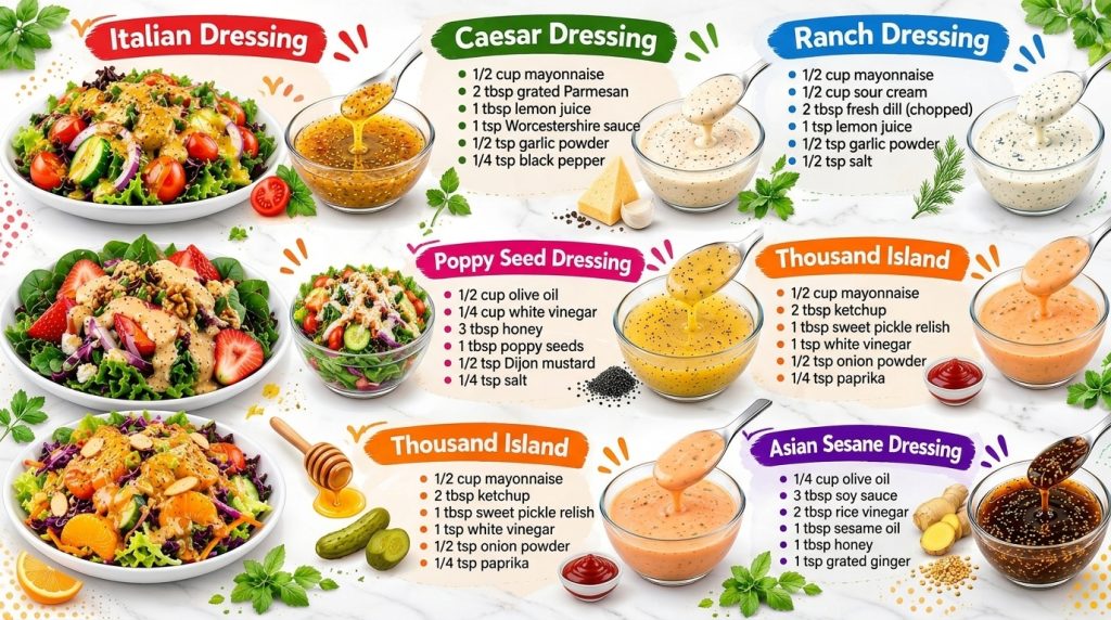 Six different types of salads each with its corresponding dressing in a separate bowl and ingredients for the dressing l