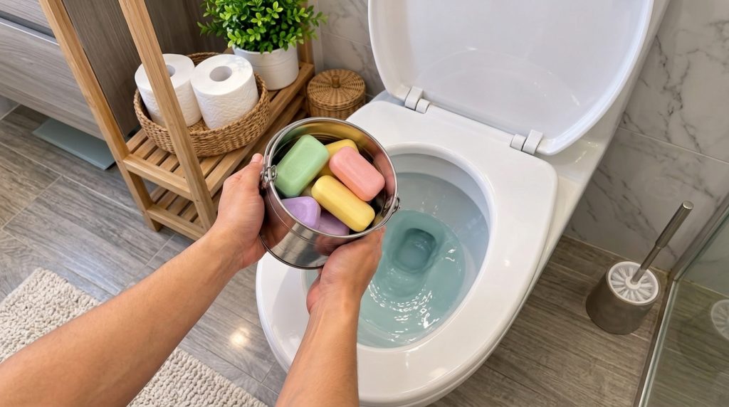 A pair of hands holding a metal bucket filled with pastel-colored bar soaps over an open toilet bowl with a bathroom she
