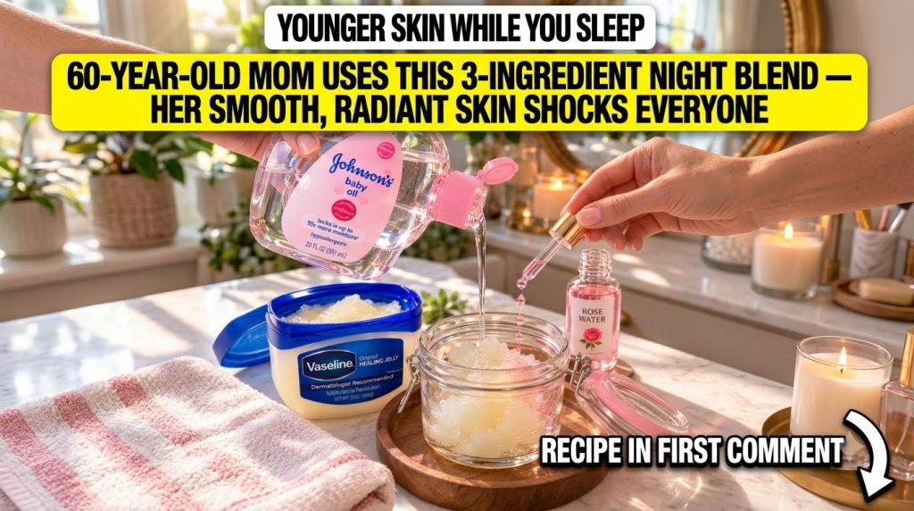 Hands preparing a homemade skincare mixture pouring baby oil and rose water into a jar with petroleum jelly
