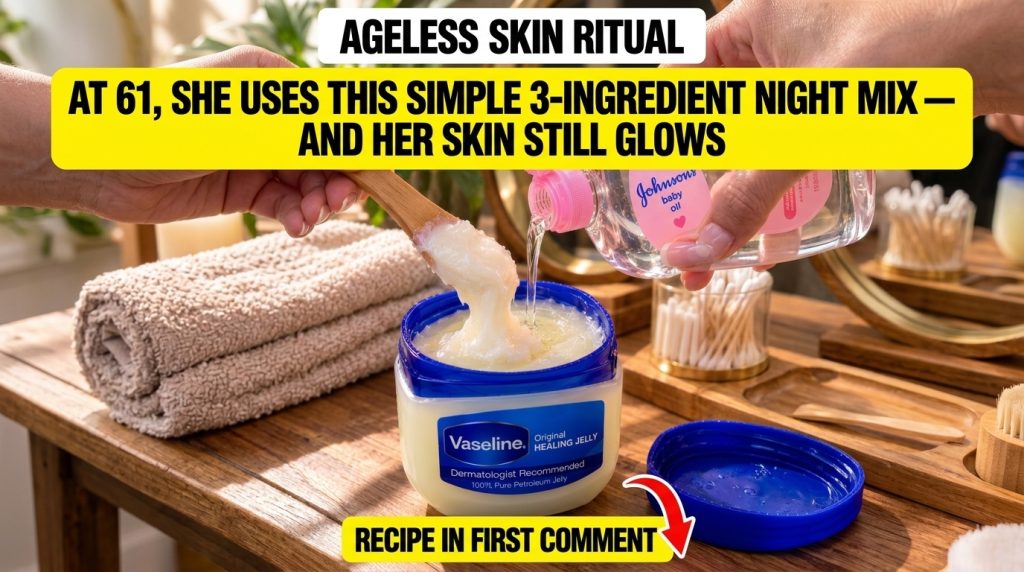 A close-up top-down view of hands mixing Vaseline Johnson s baby oil and a white peptide cream in a small jar or bowl Th