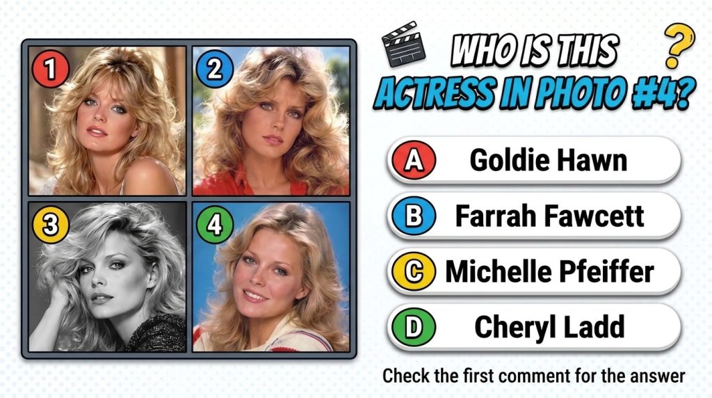 A vibrant trivia quiz grid with four numbered headshots of blonde actresses and multiple-choice names below