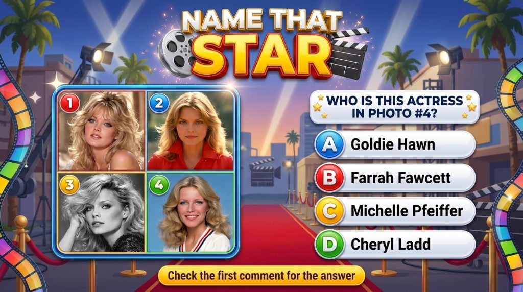 A mobile game screen titled NAME THAT STAR showing four framed celebrity portraits Farrah Fawcett Michelle Pfeiffer Gold