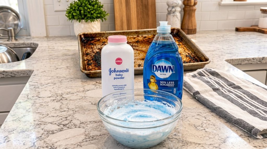 A kitchen counter with a heavily soiled baking sheet in the background and cleaning supplies in the foreground including