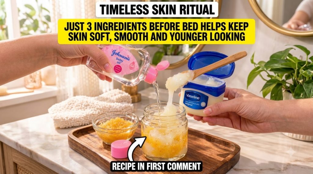 A close-up of hands preparing a DIY beauty recipe showing Johnson s baby oil being poured into a small glass jar while a