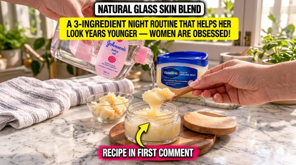A close-up overhead shot of Johnson s baby oil being poured from a bottle onto a creamy viscous mixture held on a wooden