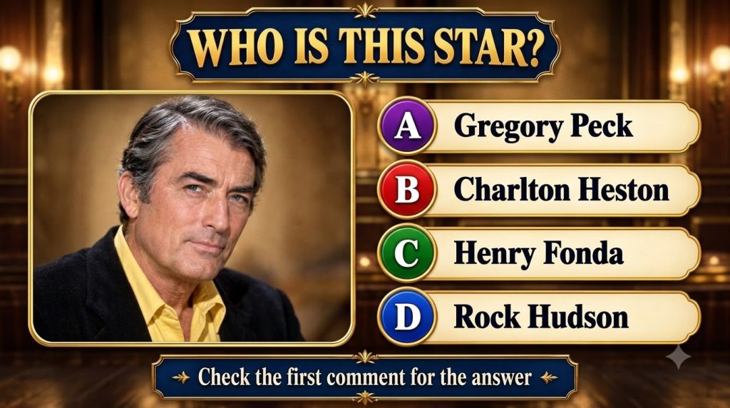 A quiz card featuring a head-and-shoulders portrait of an older Caucasian male celebrity with grey hair and blue eyes we