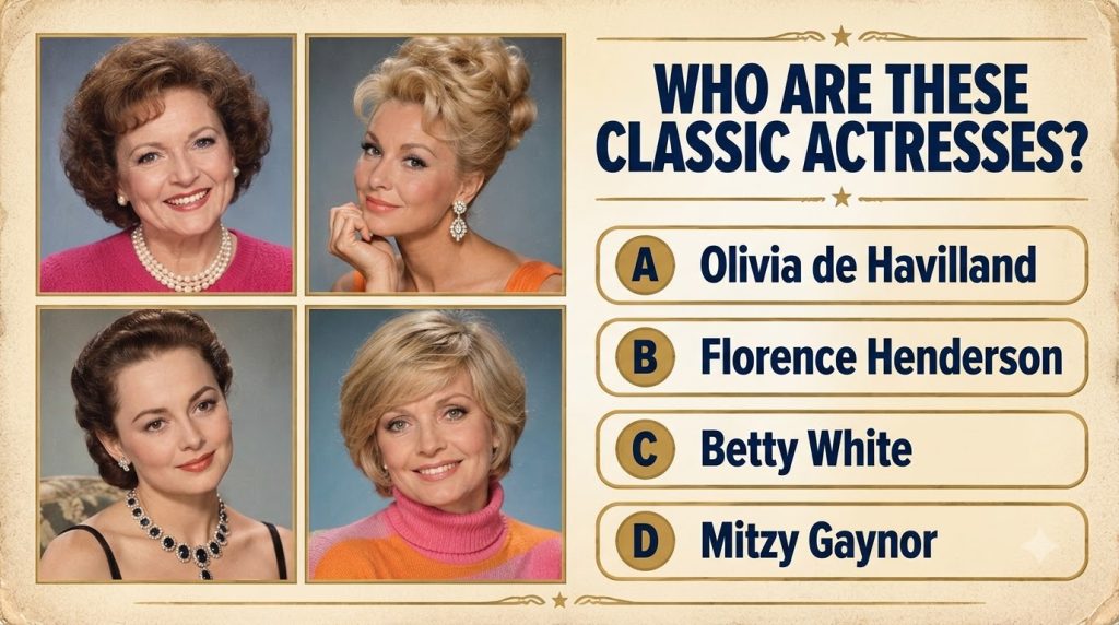 A quiz image featuring four square portraits of classic Hollywood actresses Betty White Mitzi Gaynor Olivia de Havilland