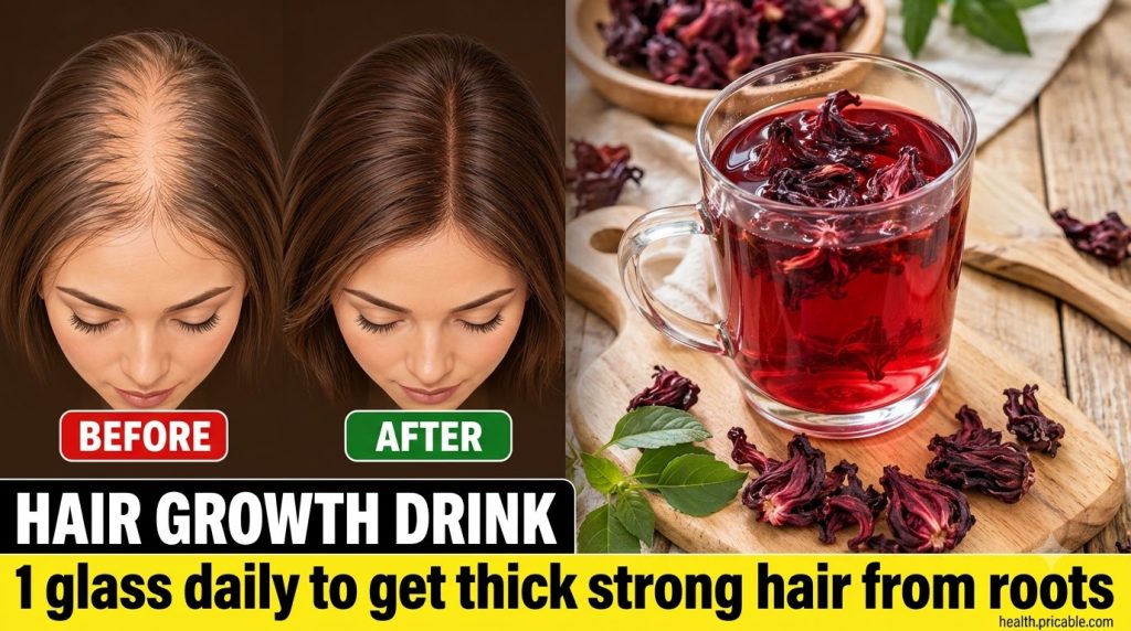 A glass mug filled with deep red hibiscus tea with dried hibiscus flowers floating on top placed on a light wooden surfa