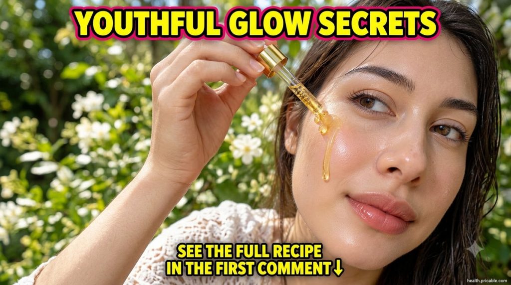 A woman applying a golden facial oil with a dropper to her cheek showing a dewy glowing effect on her skin The backgroun