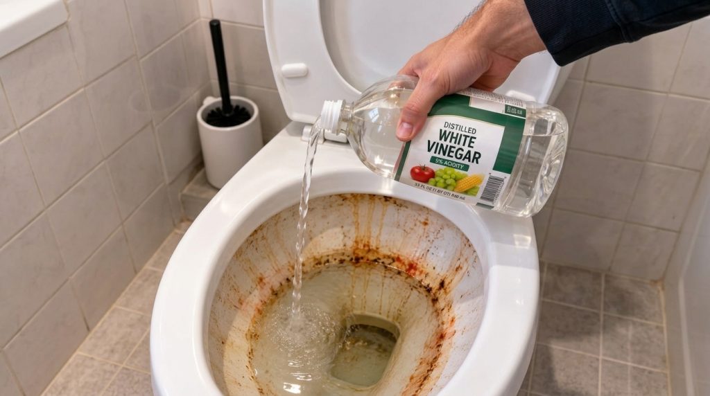A person pouring distilled white vinegar into a heavily stained toilet bowl showcasing the active cleaning process