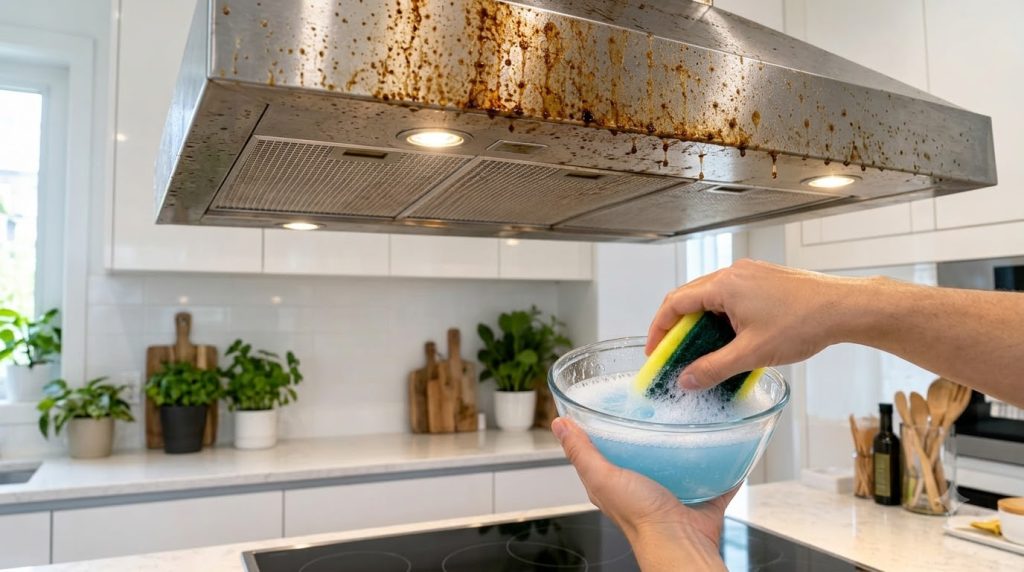 Close-up shot of hands dipping a yellow and green sponge into a blue bubbly cleaning solution in a clear glass bowl with
