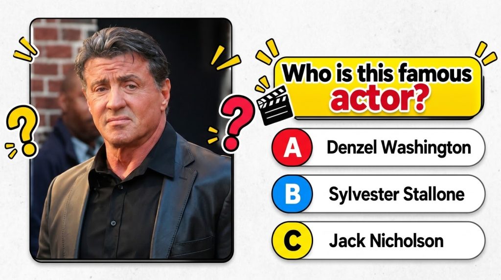 Sylvester Stallone s headshot for a quiz with multiple-choice options for his name