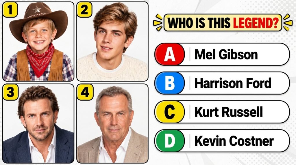 A four-panel quiz showing a celebrity at different ages from a young boy to an older adult with the question WHO IS THIS