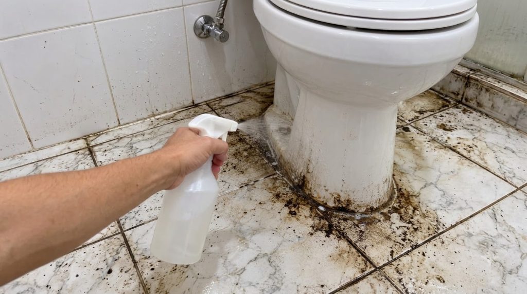 A close-up high-angle view of a person s hand spraying a cleaning solution onto the heavily soiled base of a white toile