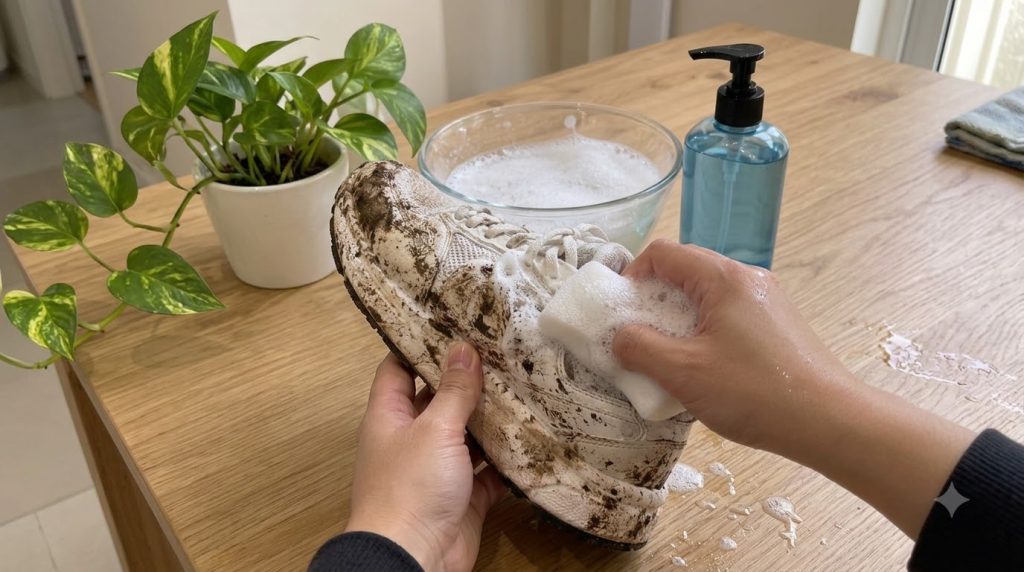 Hands actively cleaning a dirty white sneaker with a foamy sponge Cleaning supplies are in the background on a light woo