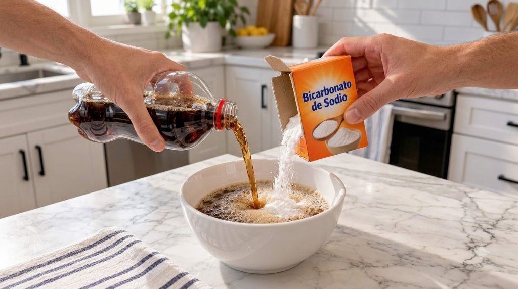 Two hands are pouring cola into a bowl while another hand holds baking soda showing the combination of ingredients in a