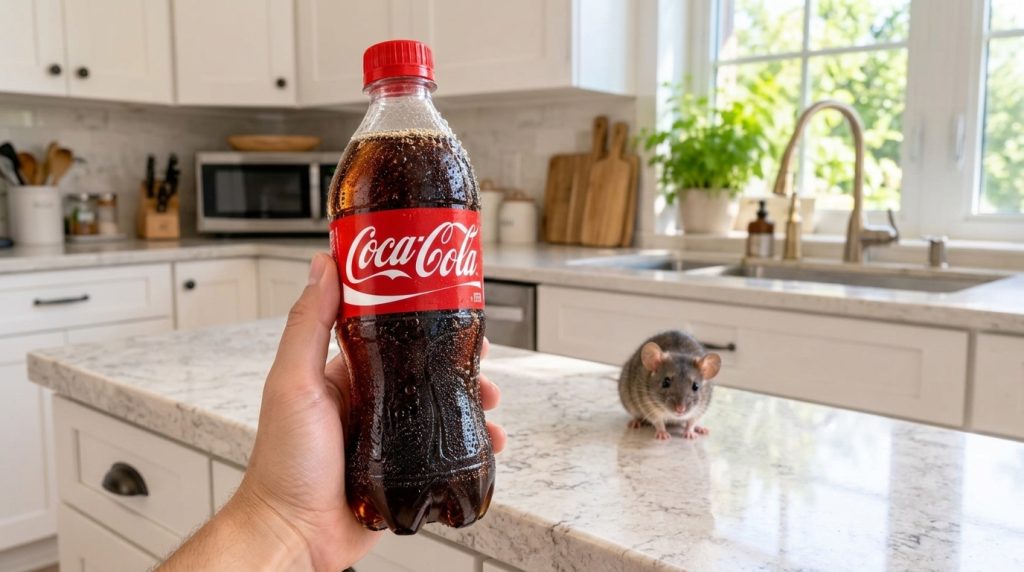 A hand holding a chilled clear plastic bottle of a refreshing dark beverage with condensation placed on a clean light-co
