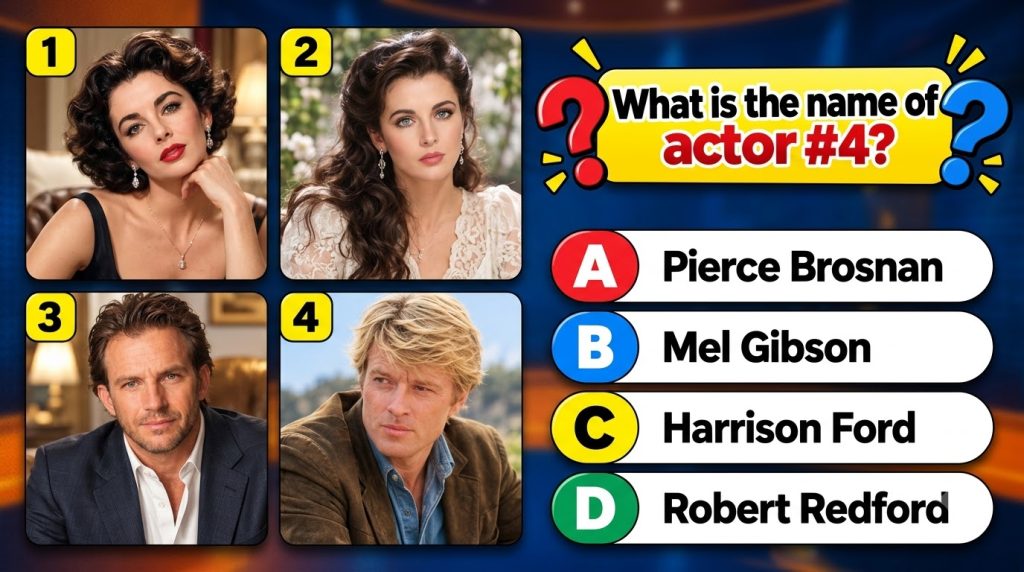 A black and white multiple-choice quiz image showing four classic Hollywood actresses with Audrey Hepburn as one of them