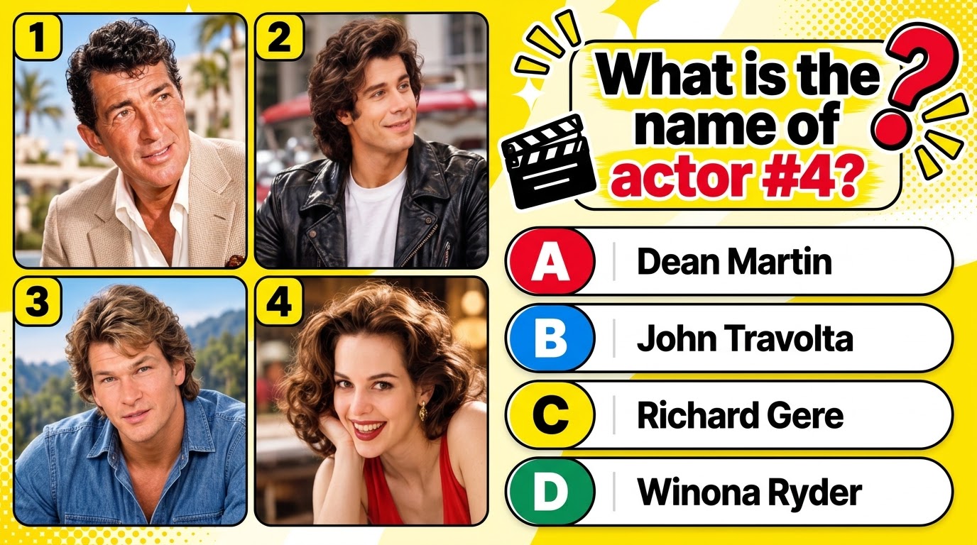 A 2x2 grid of four celebrity portraits with a quiz question Who is actor 4 and multiple-choice options below The subject
