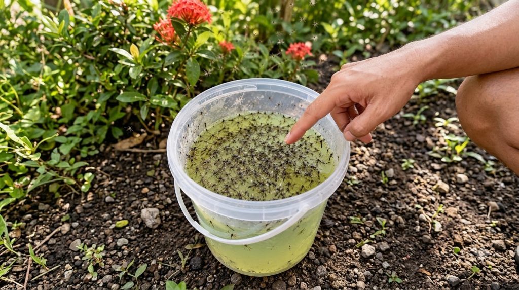 Close-up of a clear plastic bucket containing pale green liquid and numerous dead mosquitoes floating on the surface wit