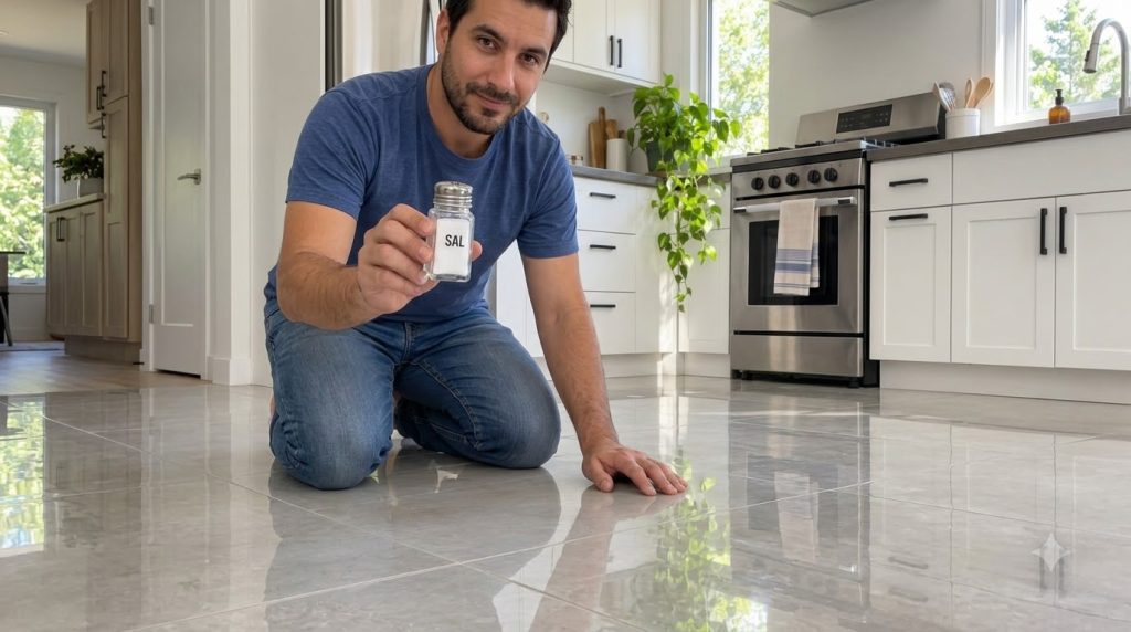 A person kneeling on a clean light-colored tiled kitchen floor holding a clear glass salt shaker in his right hand and t