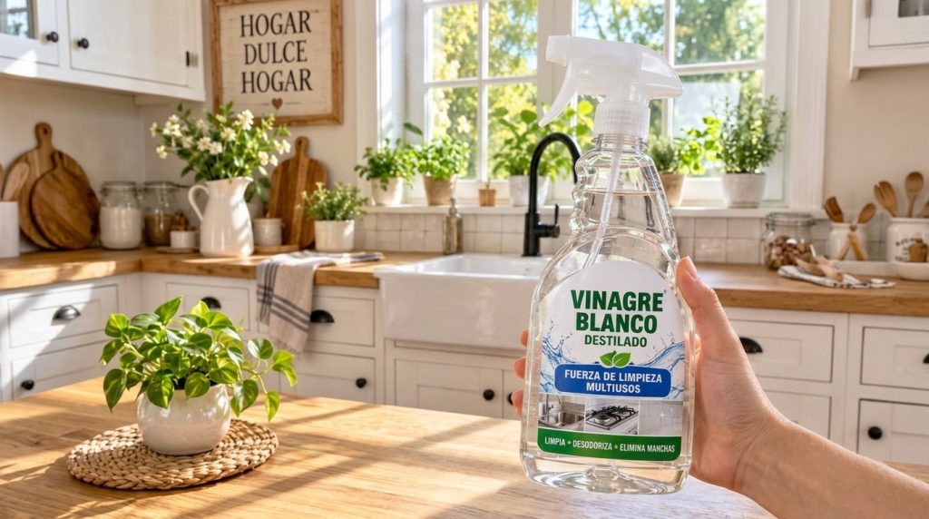 A hand holding a clear spray bottle of distilled white vinegar in a bright modern farmhouse-style kitchen