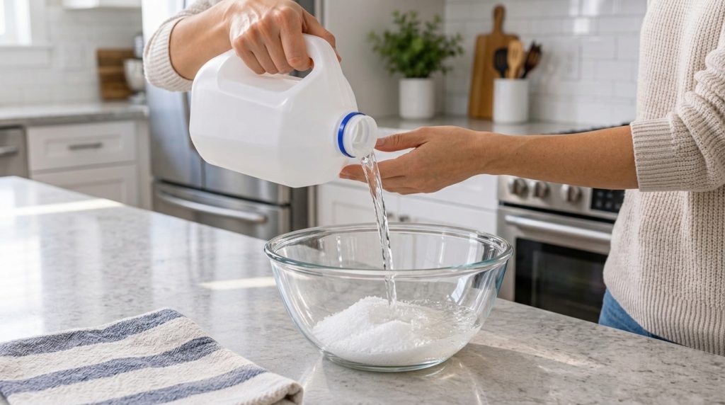 Hands pouring clear liquid from a bottle into a glass bowl containing a white granular substance on a modern kitchen cou