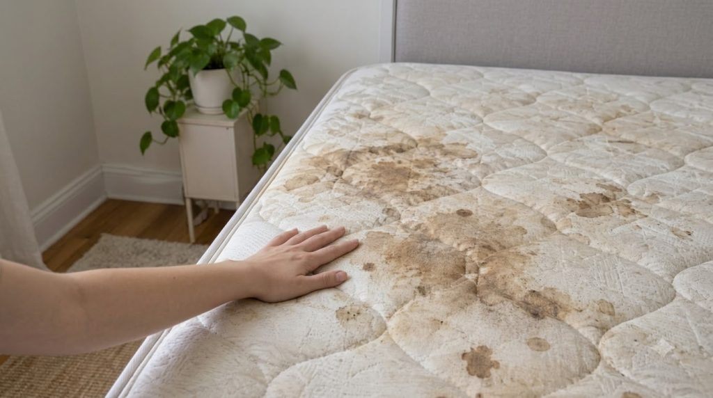 A close-up high-angle shot of a heavily stained quilted mattress with a hand pointing to the stains