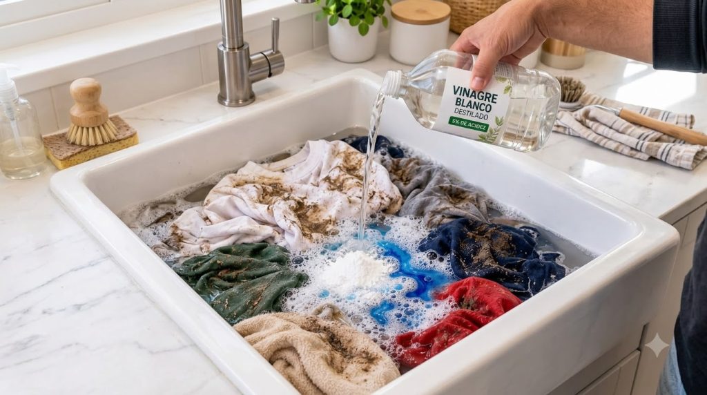 A person s hand pouring white vinegar into a white laundry tub filled with water dirty clothes baking soda and blue suds